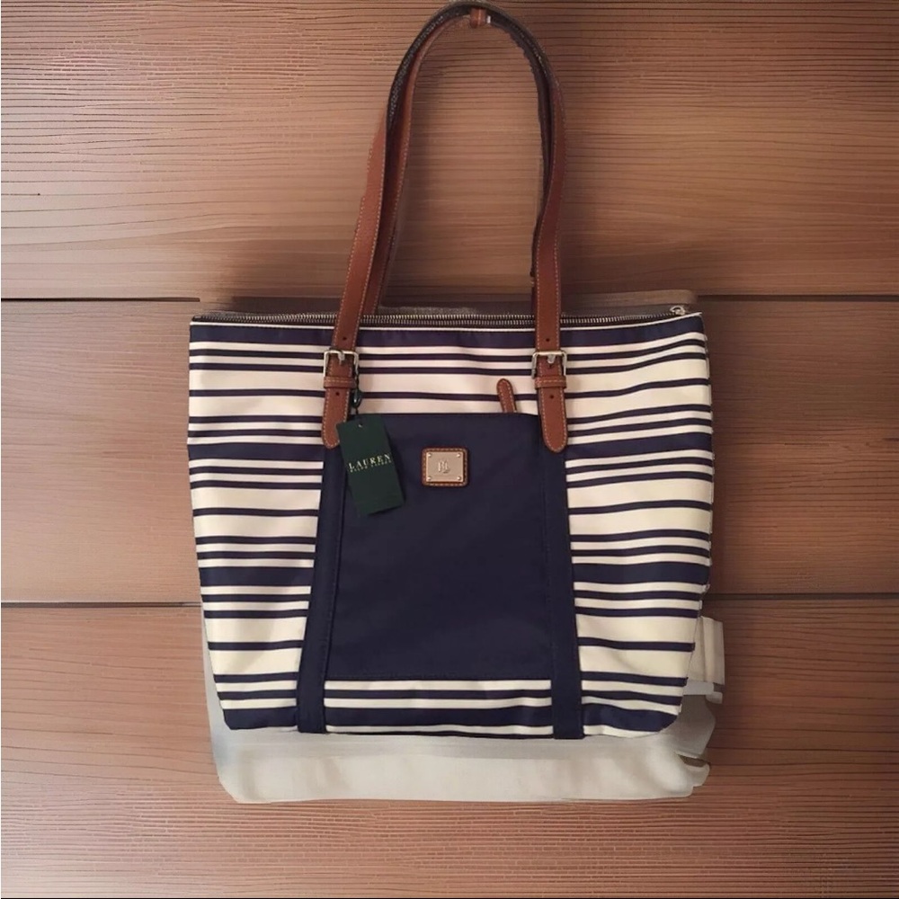 Ralph Lauren Nylon Tote Shoulder Bag MSR $159 Stripe Double Leather Strap